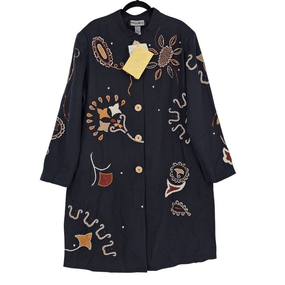 Vintage Indigo Moon Embroidered Beaded Jacket Duster 1X Black Wearable Art Boho